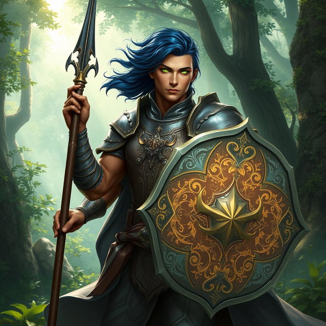 A male aasimar cleric with radiant bronze skin, flowing dark blue hair, and striking ghostly green eyes stands heroically in a lush magical landscape