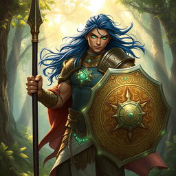 A male aasimar cleric with radiant bronze skin, flowing dark blue hair, and striking ghostly green eyes stands heroically in a lush magical landscape