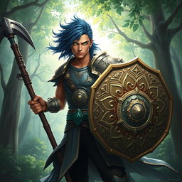 A male aasimar cleric with radiant bronze skin, flowing dark blue hair, and striking ghostly green eyes stands valiantly in a lush, enchanted landscape