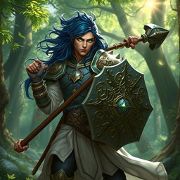 A male aasimar cleric with radiant bronze skin, flowing dark blue hair, and striking ghostly green eyes stands valiantly in a lush, enchanted landscape
