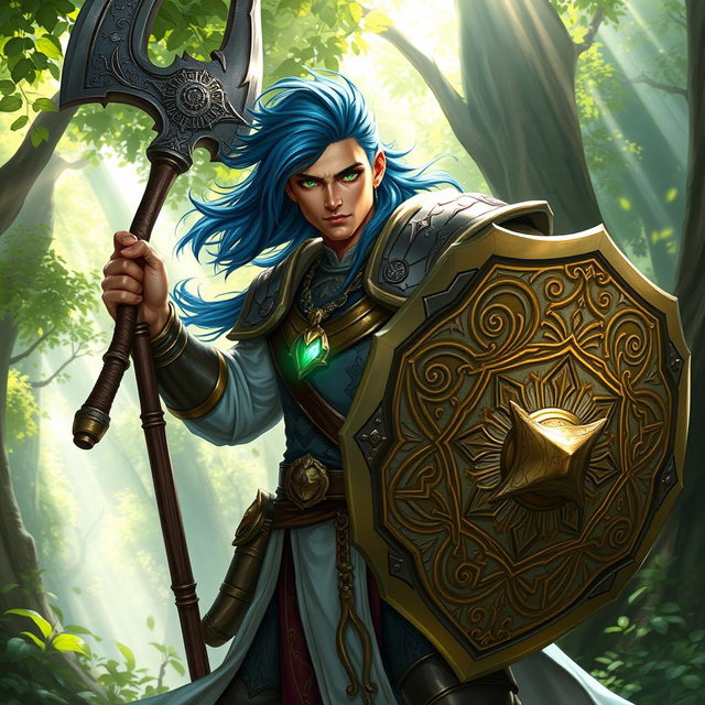 A male aasimar cleric with radiant bronze skin, flowing dark blue hair, and striking ghostly green eyes stands valiantly in a lush, enchanted landscape