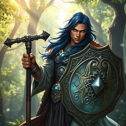 A male aasimar cleric with radiant bronze skin, flowing dark blue hair, and striking ghostly green eyes stands valiantly in a lush, enchanted landscape