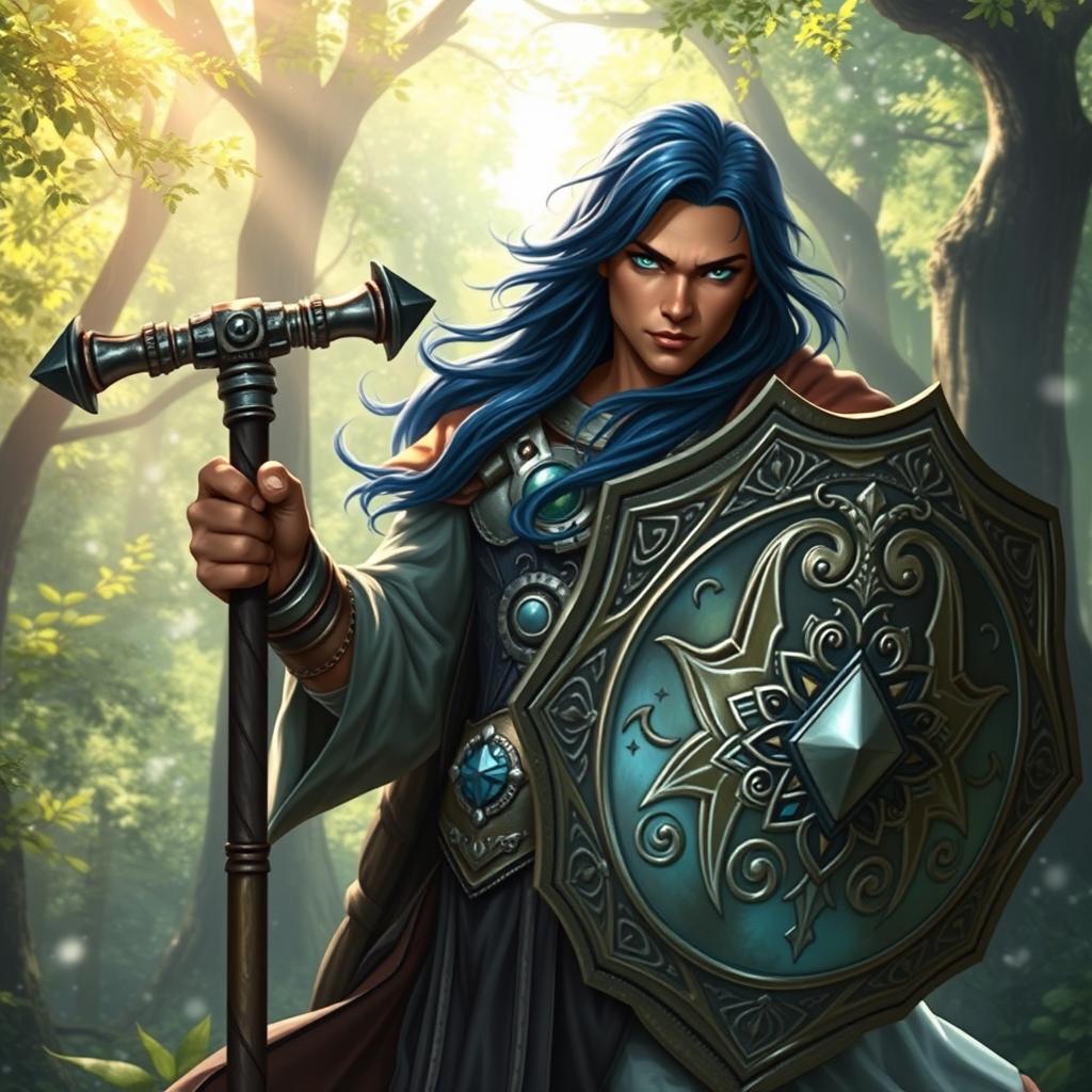 A male aasimar cleric with radiant bronze skin, flowing dark blue hair, and striking ghostly green eyes stands valiantly in a lush, enchanted landscape