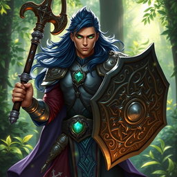 A male aasimar cleric with radiant bronze skin, flowing dark blue hair, and striking ghostly green eyes stands resolutely in an enchanting forest setting