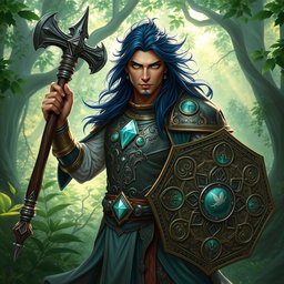 A male aasimar cleric with radiant bronze skin, flowing dark blue hair, and striking ghostly green eyes stands resolutely in an enchanting forest setting