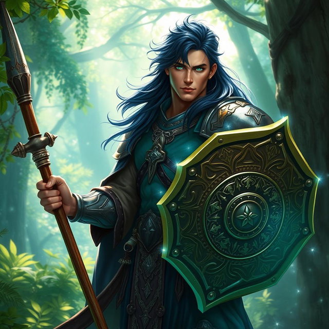 A male aasimar cleric with radiant bronze skin, flowing dark blue hair, and striking ghostly green eyes stands resolutely in an enchanting forest setting