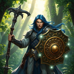A male aasimar cleric with radiant bronze skin, flowing dark blue hair, and striking ghostly green eyes stands resolutely in an enchanting forest setting