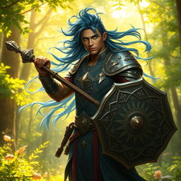 A male aasimar cleric with radiant bronze skin, striking dark blue hair flowing majestically, and captivating ghostly green eyes stands firmly in an enchanting woodland setting