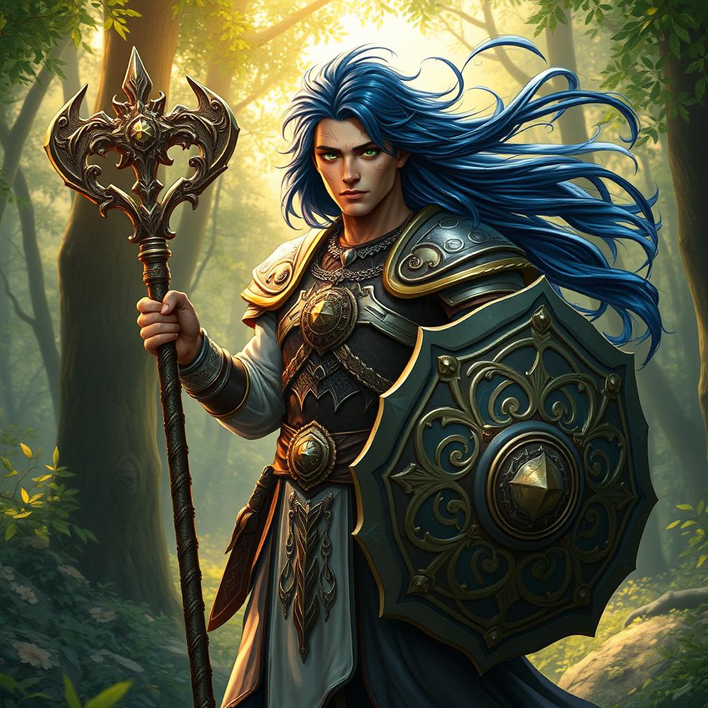 A male aasimar cleric with radiant bronze skin, striking dark blue hair flowing majestically, and captivating ghostly green eyes stands firmly in an enchanting woodland setting