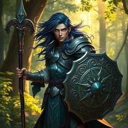 A male aasimar cleric with radiant bronze skin, striking dark blue hair flowing majestically, and captivating ghostly green eyes stands firmly in an enchanting woodland setting