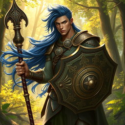 A male aasimar cleric with radiant bronze skin, striking dark blue hair flowing majestically, and captivating ghostly green eyes stands firmly in an enchanting woodland setting