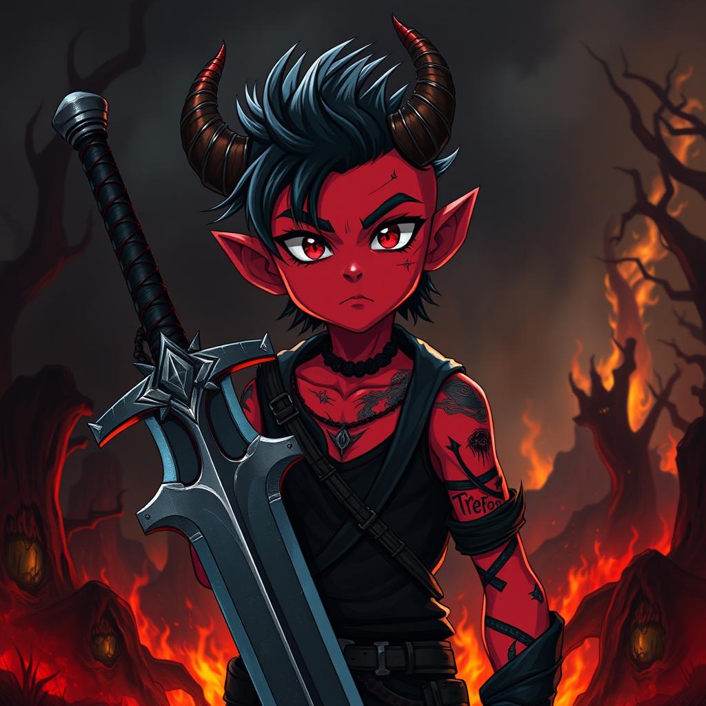 A short anime tiefling warlock with striking red skin and an emo hairstyle, featuring dramatic eyeliner and an assortment of tattoos