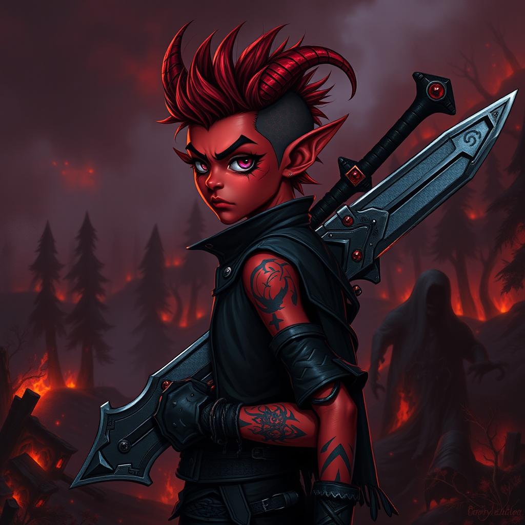 A short tiefling warlock with striking red skin and an edgy emo hairstyle