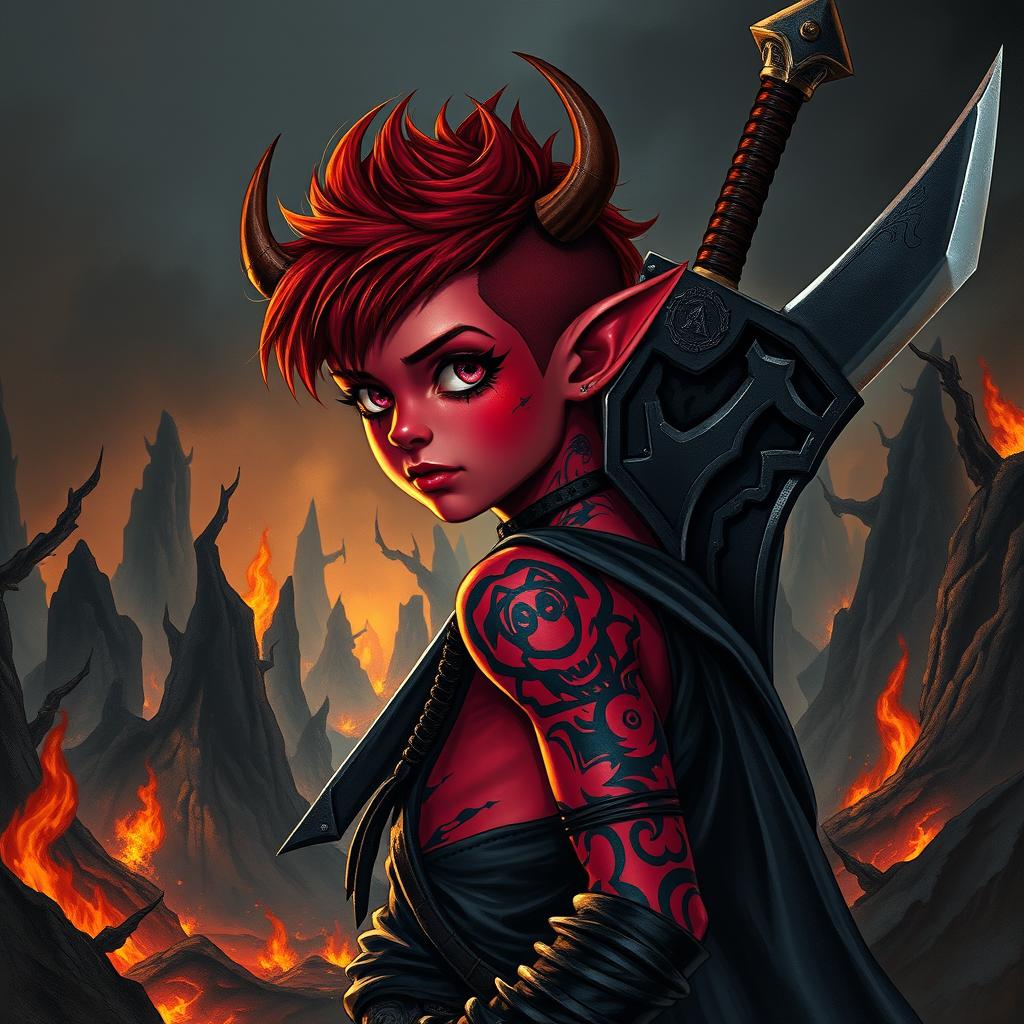 A fantasy Dungeons and Dragons tiefling warlock, depicted as a short boy with a striking emo hairstyle and vibrant red skin