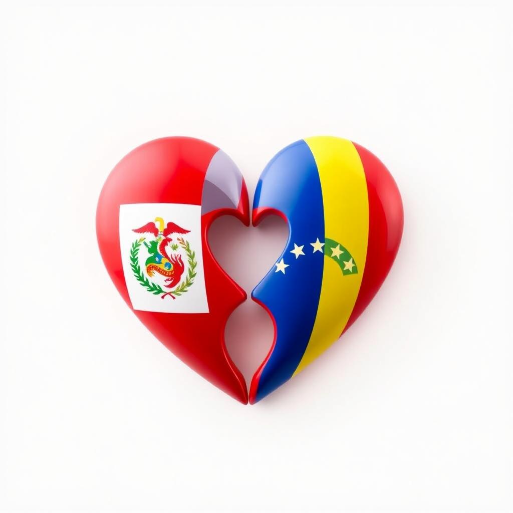 A heart shape made up of the flags of Peru and Venezuela, intricately designed to interweave the colors and symbols of both flags