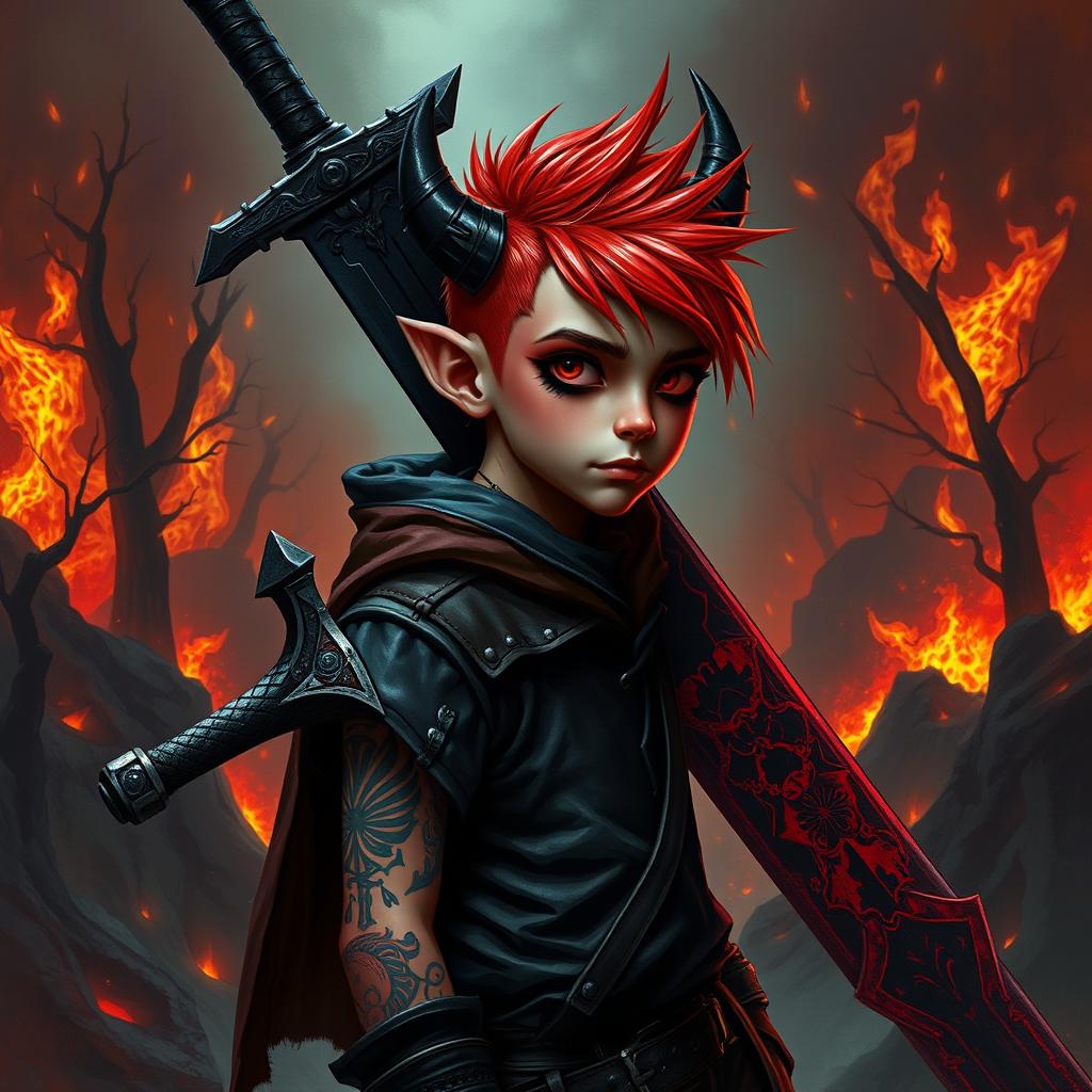 A fantasy Dungeons and Dragons tiefling warlock, depicted as a short boy with a striking emo hairstyle and vibrant red skin