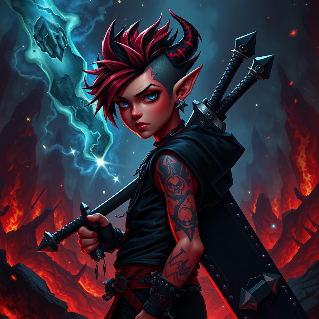 A fantasy Dungeons and Dragons tiefling warlock, depicted as a short boy with an eye-catching emo hairstyle and vibrant red skin