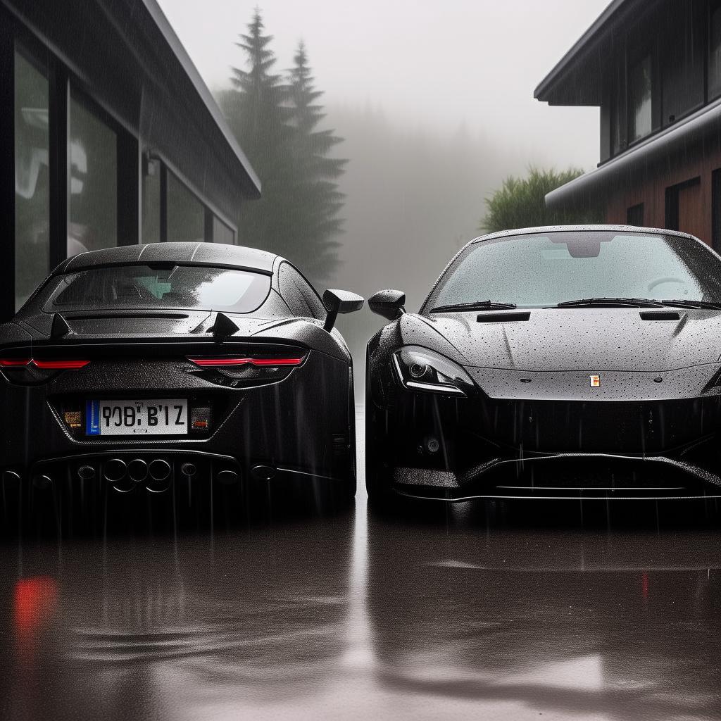 A high-definition image of a magnificent supercar parked next to a sleek motorbike, both being showered by a torrential downpour.