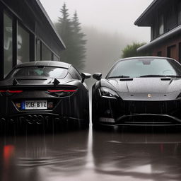 A high-definition image of a magnificent supercar parked next to a sleek motorbike, both being showered by a torrential downpour.