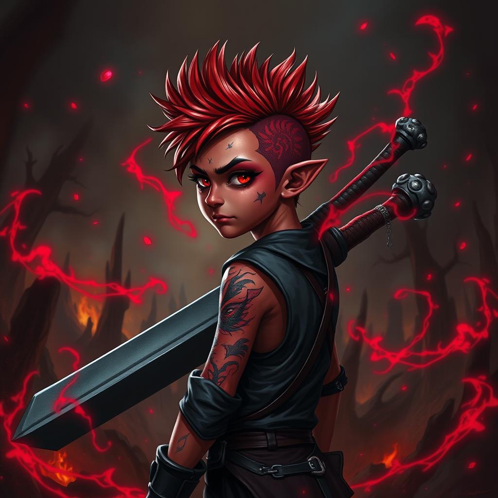 A fantasy Dungeons and Dragons tiefling warlock, depicted as a short boy with a striking emo hairstyle and vibrant red skin