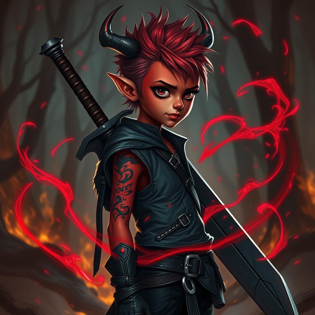 A fantasy Dungeons and Dragons tiefling warlock, portrayed as a short boy with a distinctive emo hairstyle and striking red skin