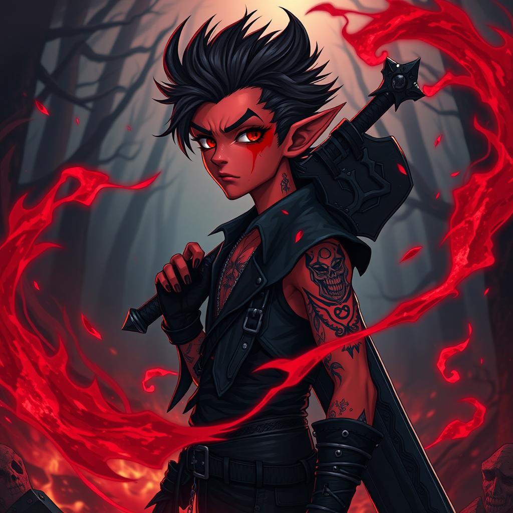 A fantasy anime tiefling warlock, depicted as a short male character with an expressive emo hairstyle and striking red skin