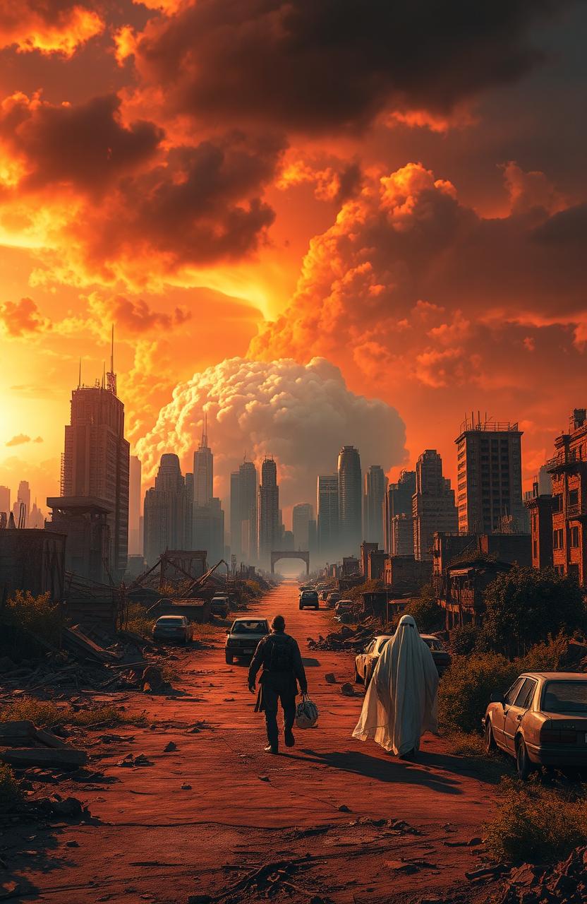 A dramatic apocalyptic landscape showcasing a desolate city skyline under a fiery orange sky filled with dark ominous clouds
