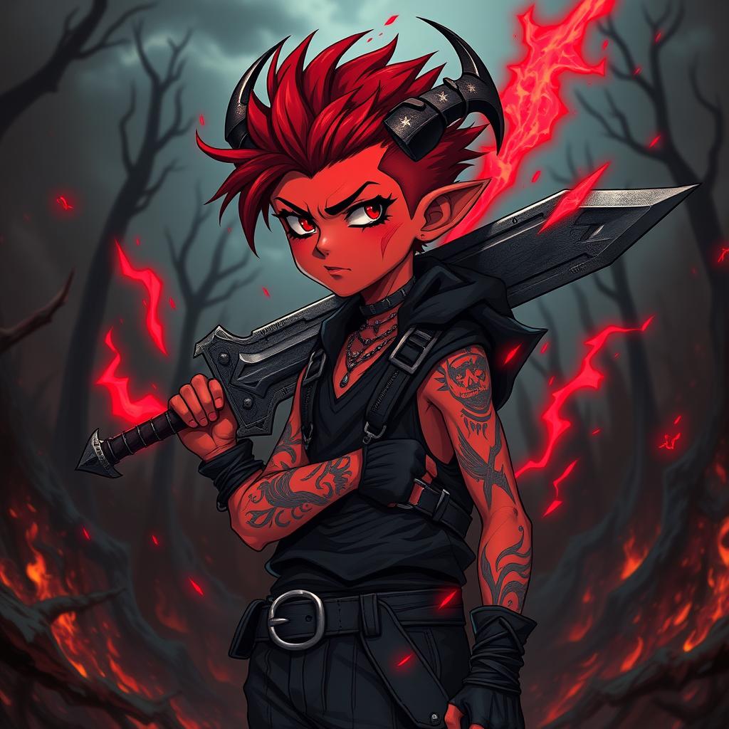 A fantasy anime tiefling warlock, represented as a short male kid with an expressive emo hairstyle and striking red skin