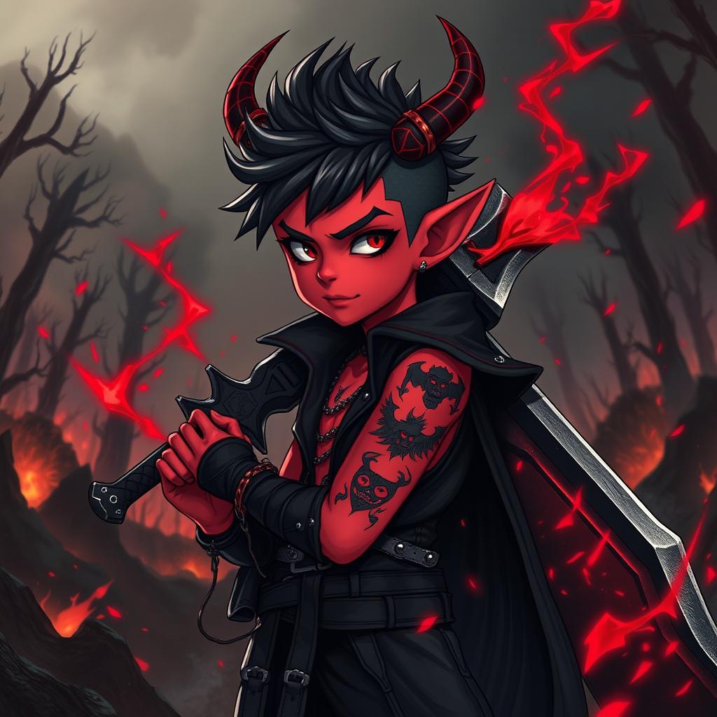 A fantasy anime tiefling warlock, depicted as a short male kid with a distinctive emo hairstyle and vibrant red skin
