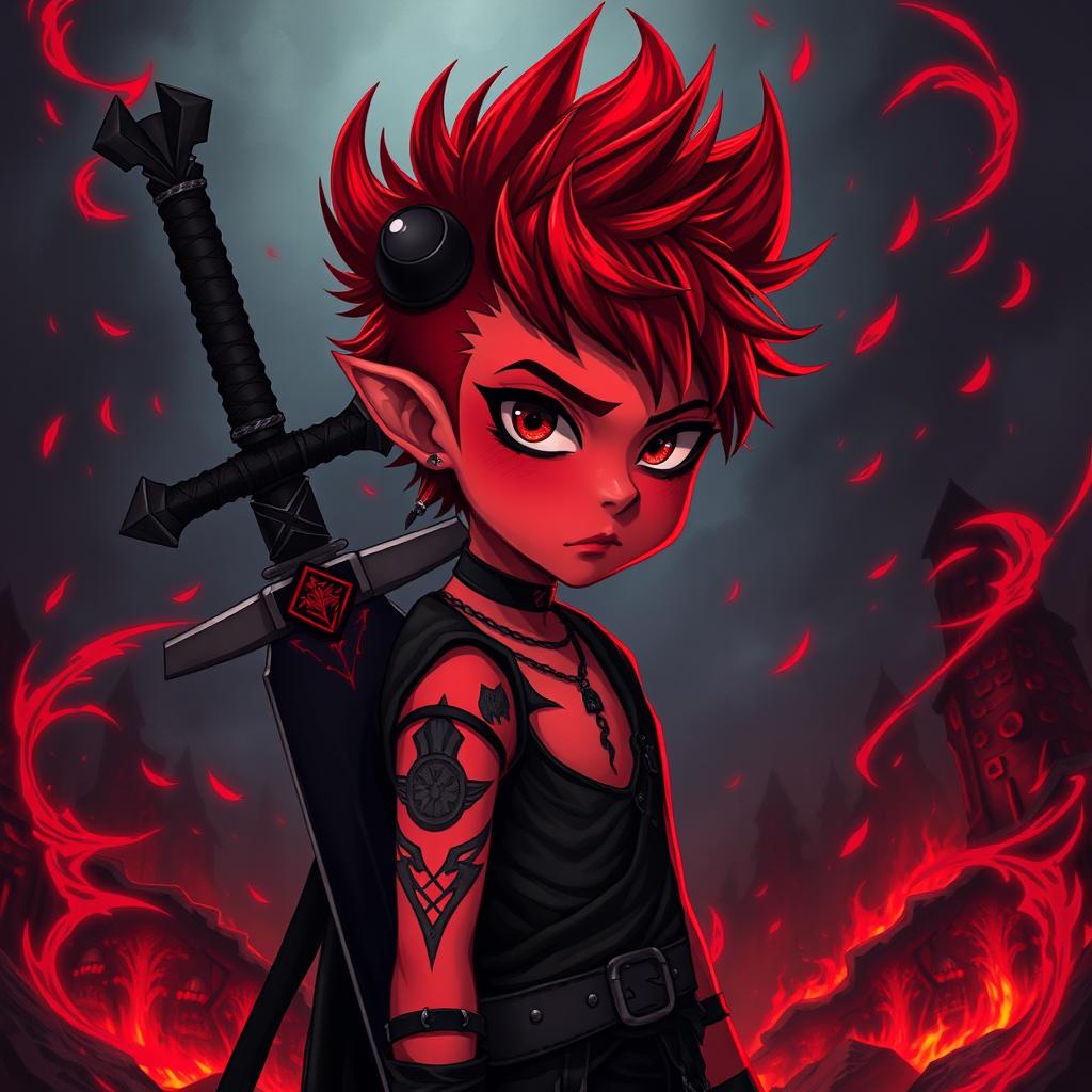 A fantasy anime tiefling warlock, characterized as a short male kid with a striking emo hairstyle and vibrant red skin