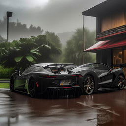 A high-definition image of a magnificent supercar parked next to a sleek motorbike, both being showered by a torrential downpour.