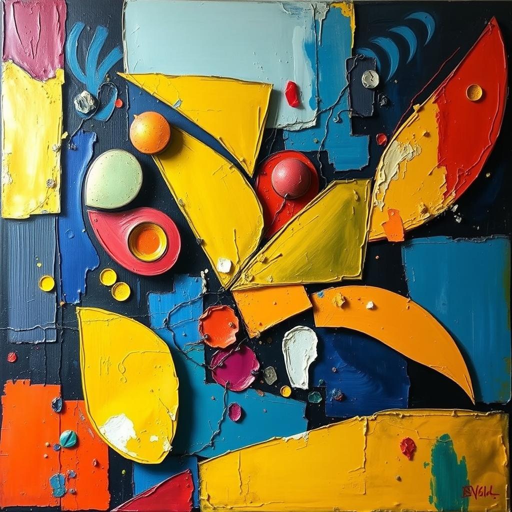 A stunning painting that combines various elements of art including vibrant colors, dynamic shapes, and expressive forms