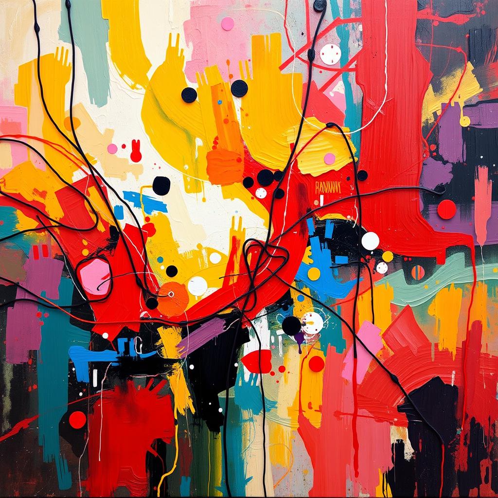 A vibrant and dynamic painting that incorporates all elements of art: line, shape, form, space, color, texture, and value