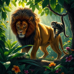 A dramatic scene depicting a lion and a monkey in a lush jungle setting