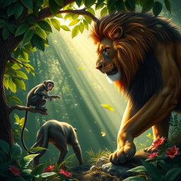 A dramatic scene depicting a lion and a monkey in a lush jungle setting