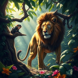 A dramatic scene depicting a lion and a monkey in a lush jungle setting