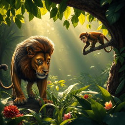 A dramatic scene depicting a lion and a monkey in a lush jungle setting