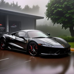 A high-definition image of a magnificent supercar parked next to a sleek motorbike, both being showered by a torrential downpour.