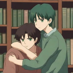 This anime-style digital art captures two handsome teenagers in a library, falling in love