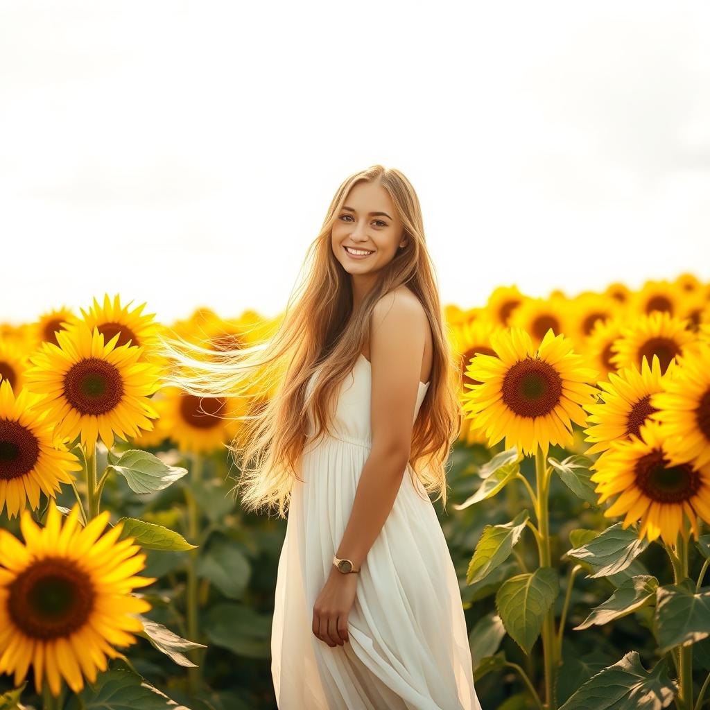 A young woman with long, flowing hair standing in a vibrant sunflower field, wearing a flowing white dress