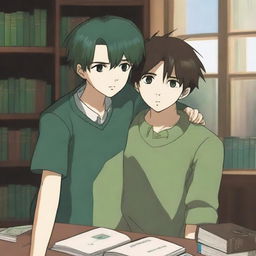 This anime-style digital art captures two handsome teenagers in a library, falling in love