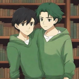 This anime-style digital art captures two handsome teenagers in a library, falling in love