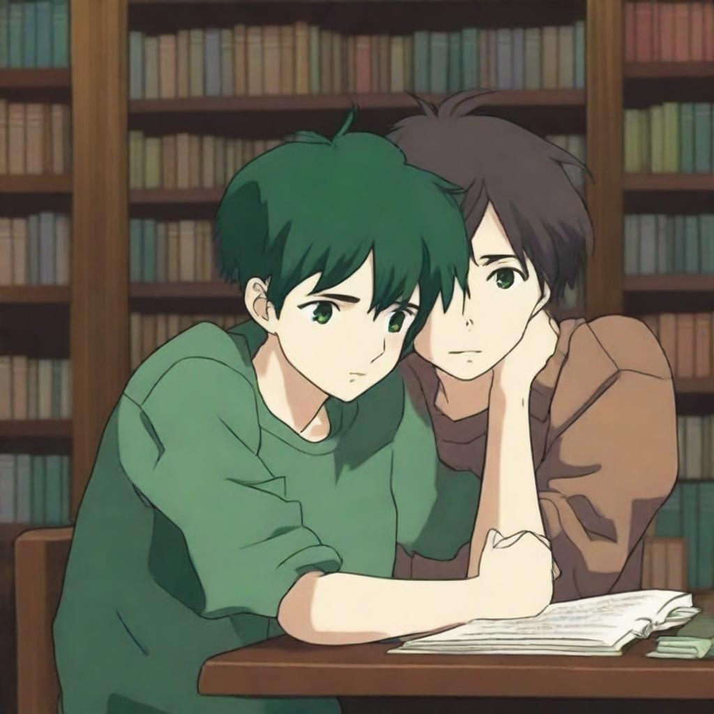 This anime-style digital art captures two handsome teenagers in a library, falling in love