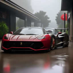 A high-definition image of a magnificent supercar parked next to a sleek motorbike, both being showered by a torrential downpour.