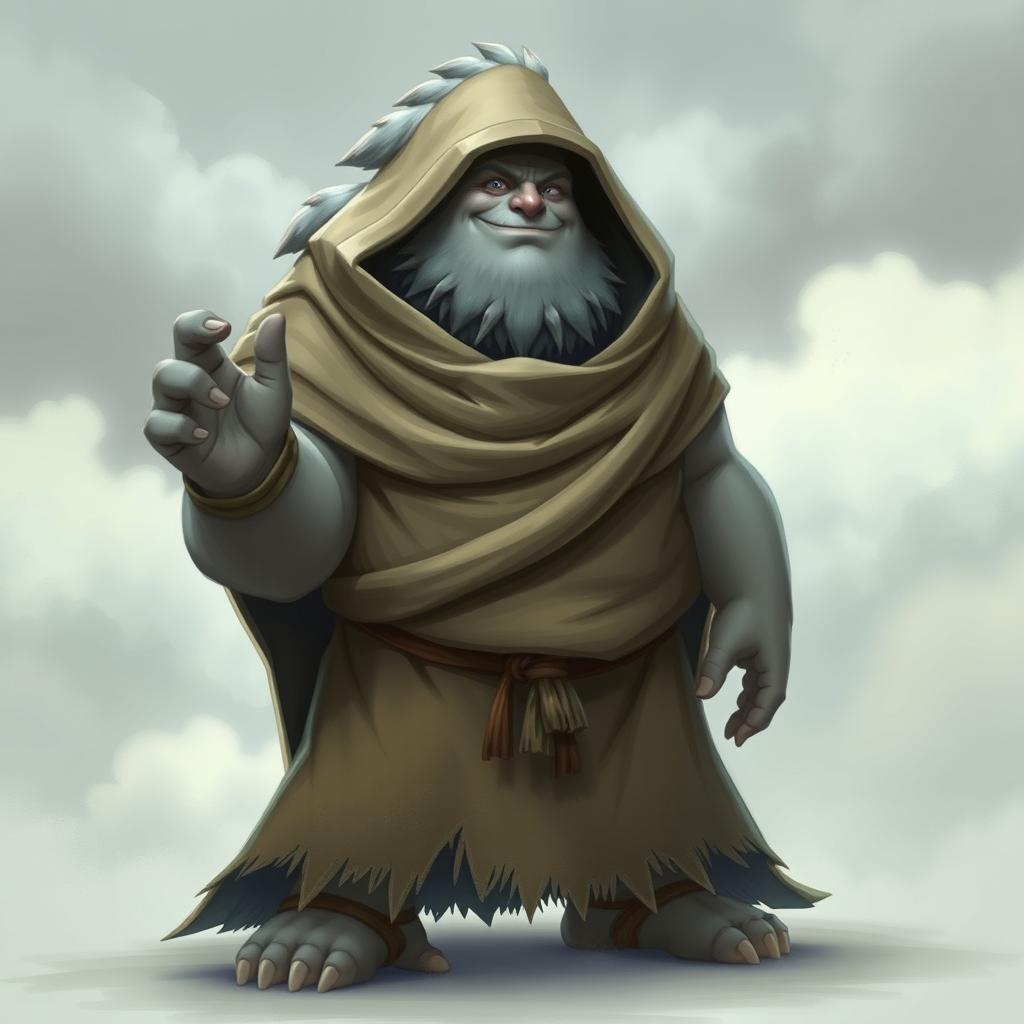 An adult Cloud Goliath character with a playful trickster expression, dressed in a drab and bulky cloak that blends with a cloudy, overcast landscape
