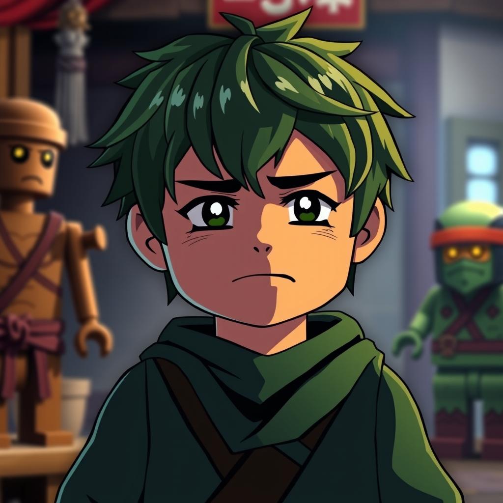Lloyd from Ninjago, depicted as a young boy with short, messy green hair, wearing a ninja outfit