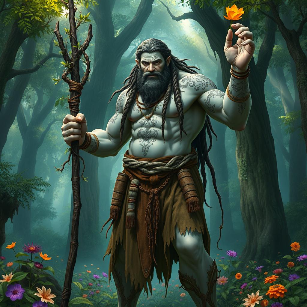 A powerful Goliath druid standing in a lush, enchanted forest