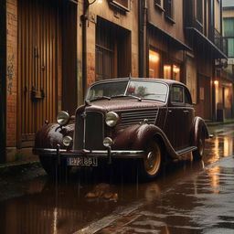 A high-definition, ultra-detailed image of a vintage car parked in the rain. The scene has an editorial style and vibe.