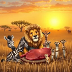 A heartwarming scene depicting a lion sharing its freshly caught meal with various animals in an African savannah