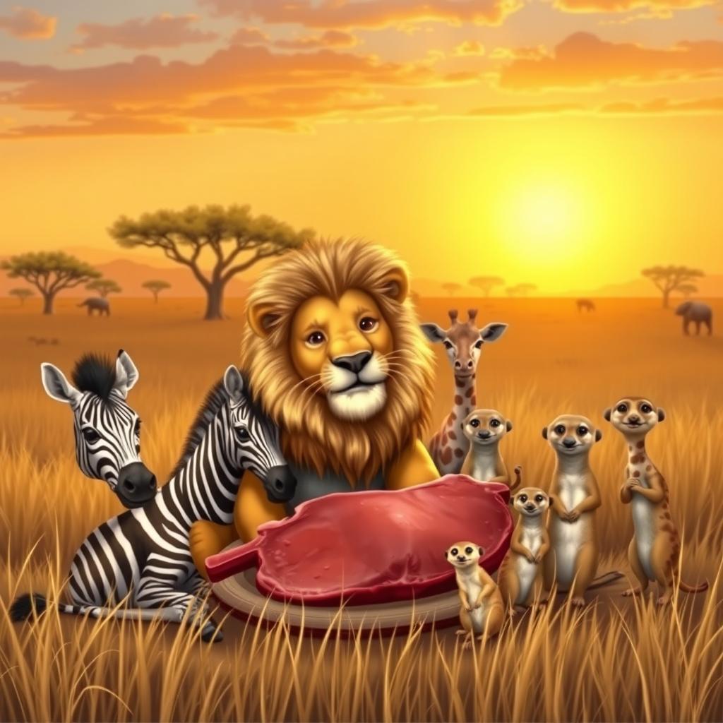 A heartwarming scene depicting a lion sharing its freshly caught meal with various animals in an African savannah